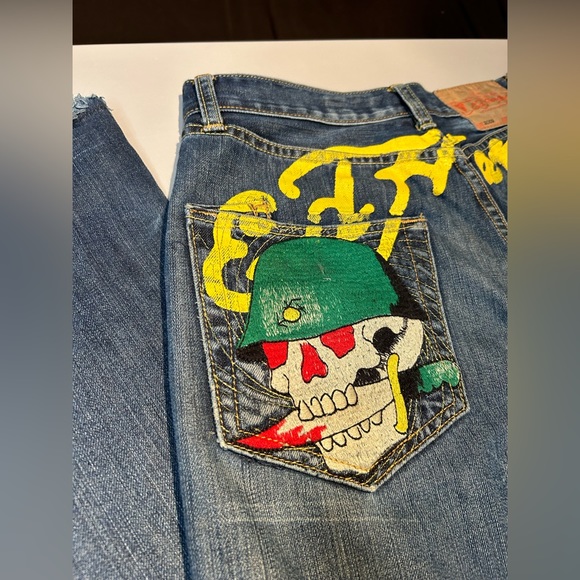 Y2K Super Rare Ed Hardy Army Skull Denim Jeans Christian Audigier Men Size 33 - Picture 14 of 16